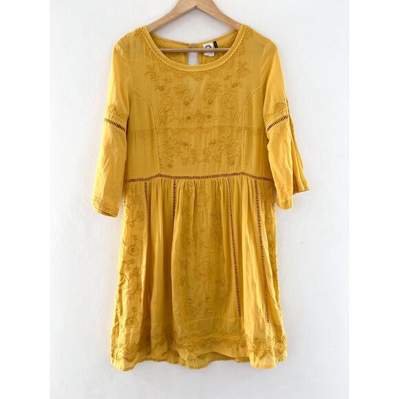 Akemi + Kim Anthropologie Boho Mustard Yellow Embroidered Tunic Dress Small - Picture 1 of 11